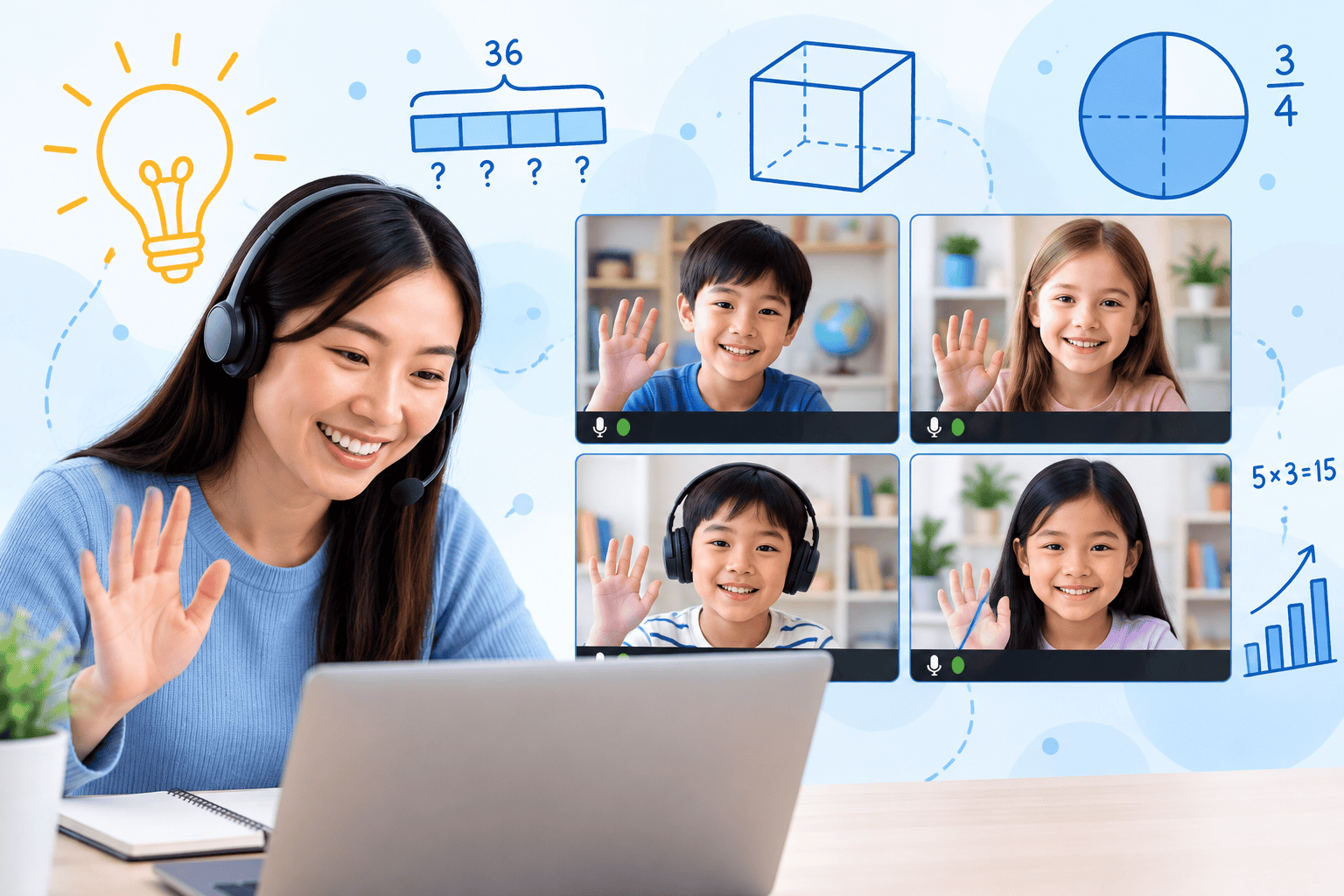 Bright Online Math Classroom Online Singapore Math teacher leading a live small-group math class for elementary students